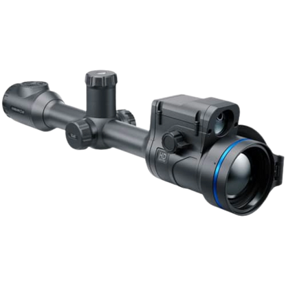 Pulsar Thermion 2 LRF XL60 HD thermal scope with integrated laser rangefinder module and traditional 30mm mounting tube. Front Left View