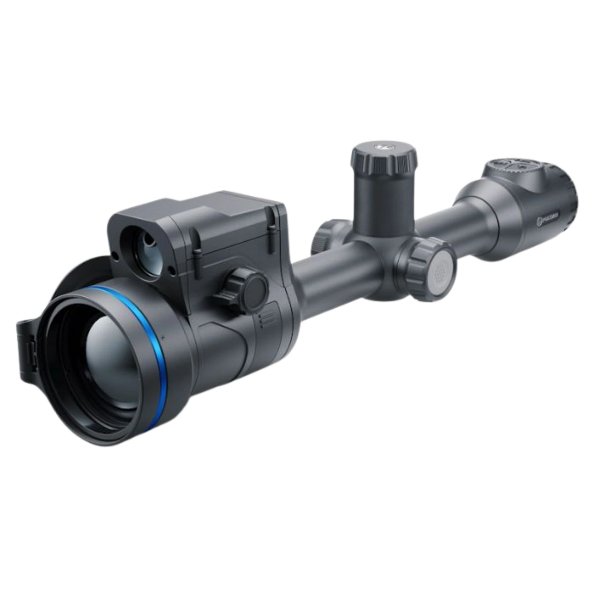 Pulsar Thermion 2 LRF XL60 HD thermal scope with integrated laser rangefinder module and traditional 30mm mounting tube. Front Right View