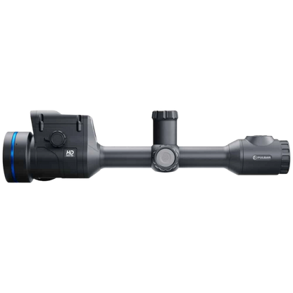 Pulsar Thermion 2 LRF XL60 HD thermal scope with integrated laser rangefinder module and traditional 30mm mounting tube. Side Right View of Thermion 2