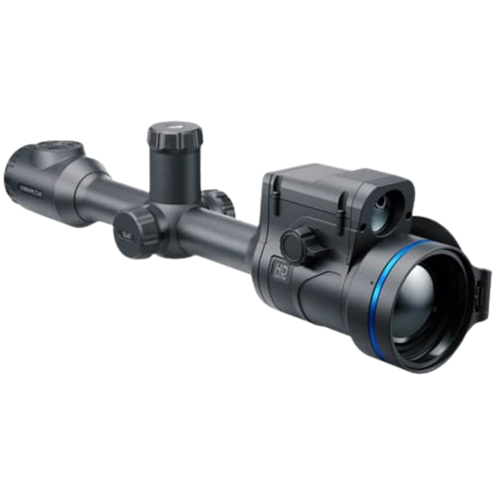 Pulsar Thermion 2 LRF XP60 thermal scope with integrated laser rangefinder module and traditional 30mm mounting tube. Front View of thermal imaging scope