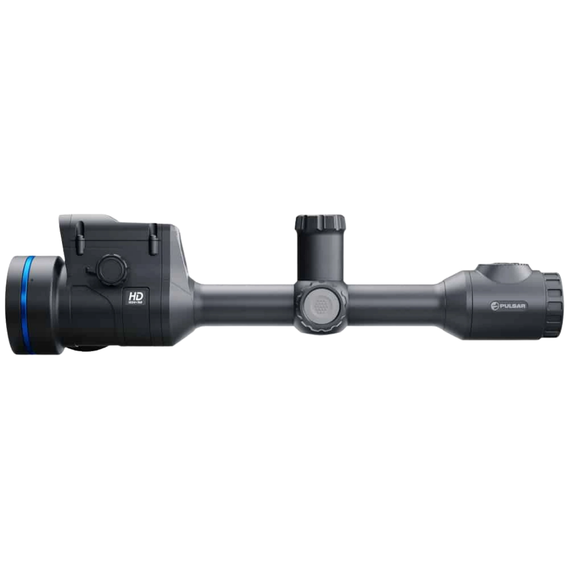 Pulsar Thermion 2 LRF XP60 thermal scope with integrated laser rangefinder module and traditional 30mm mounting tube. Side view of thermal imaging scope