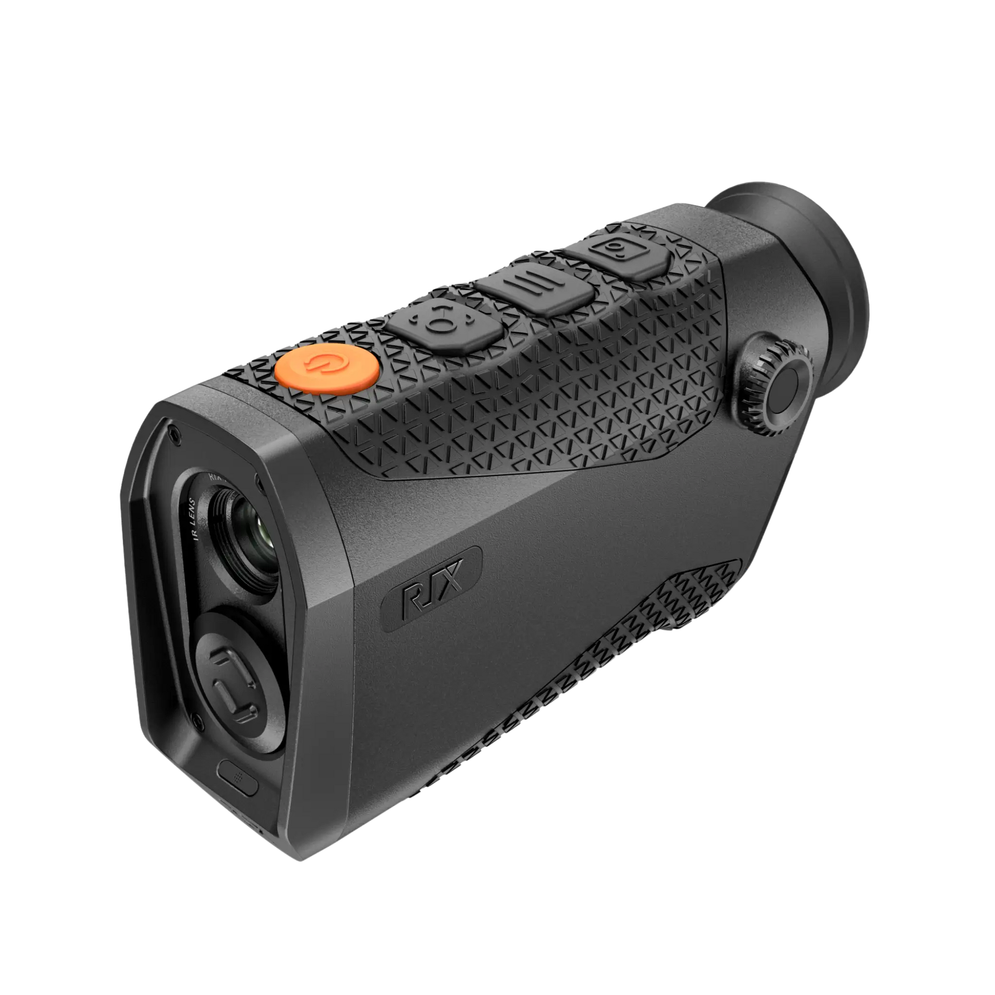 RIX Pocket K3 Thermal Monocular front right profile showing the compact vertical design, textured grip, and the signature RIX orange power button.