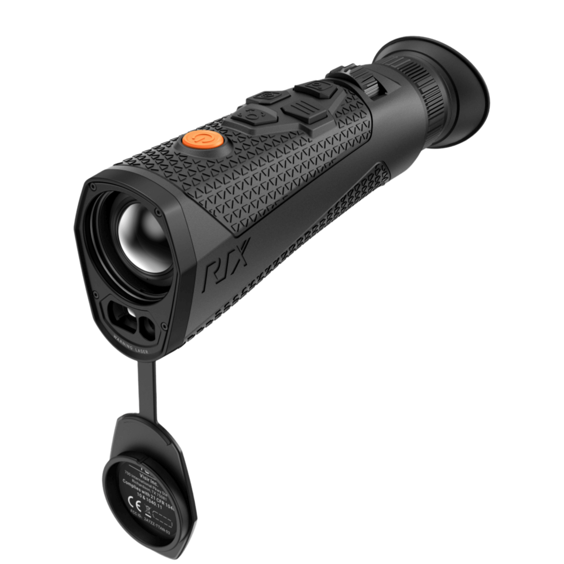 RIX Titan T6 Thermal Monocular, front right facing view with the lens cap off, showcasing the high-performance 35mm F0.9 thermal lens, integrated Laser Rangefinder (LRF) module, signature orange power button, and black textured body with the RIX logo.