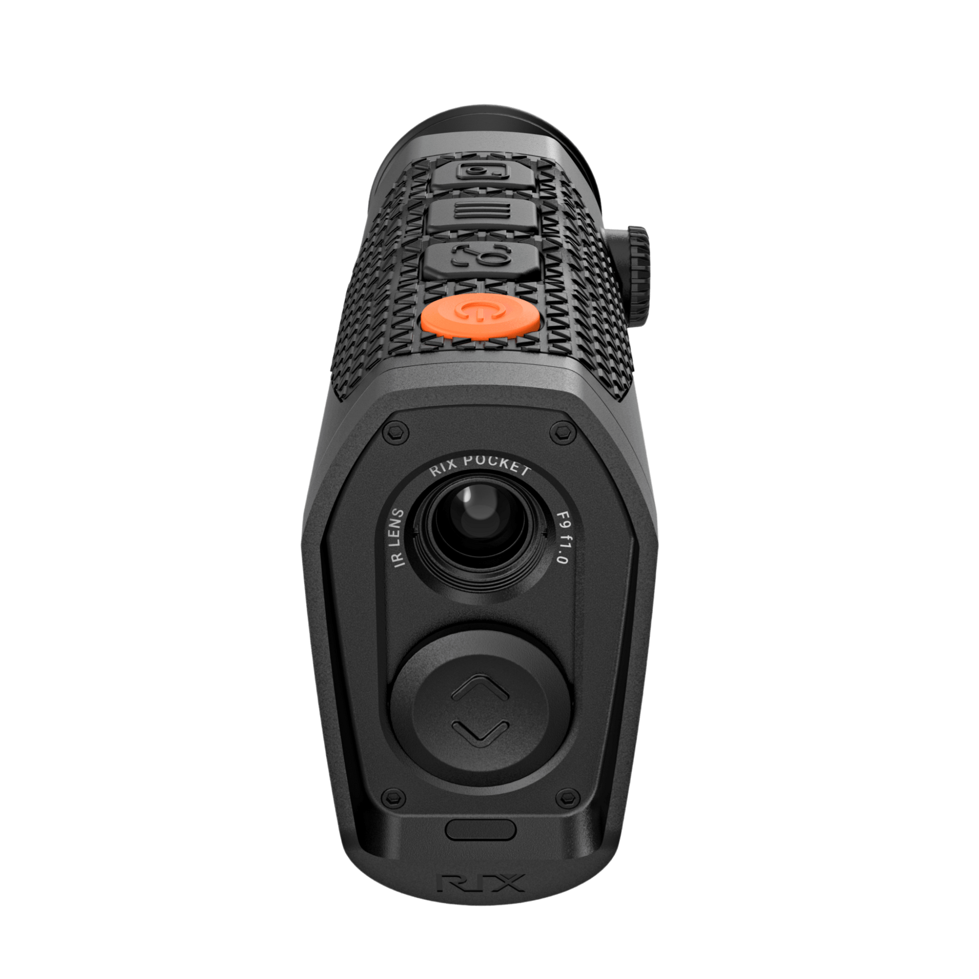 RIX Pocket K2 front view highlighting the 9mm F1.0 objective lens and large manual focus ring optimized for wide-angle thermal observation.