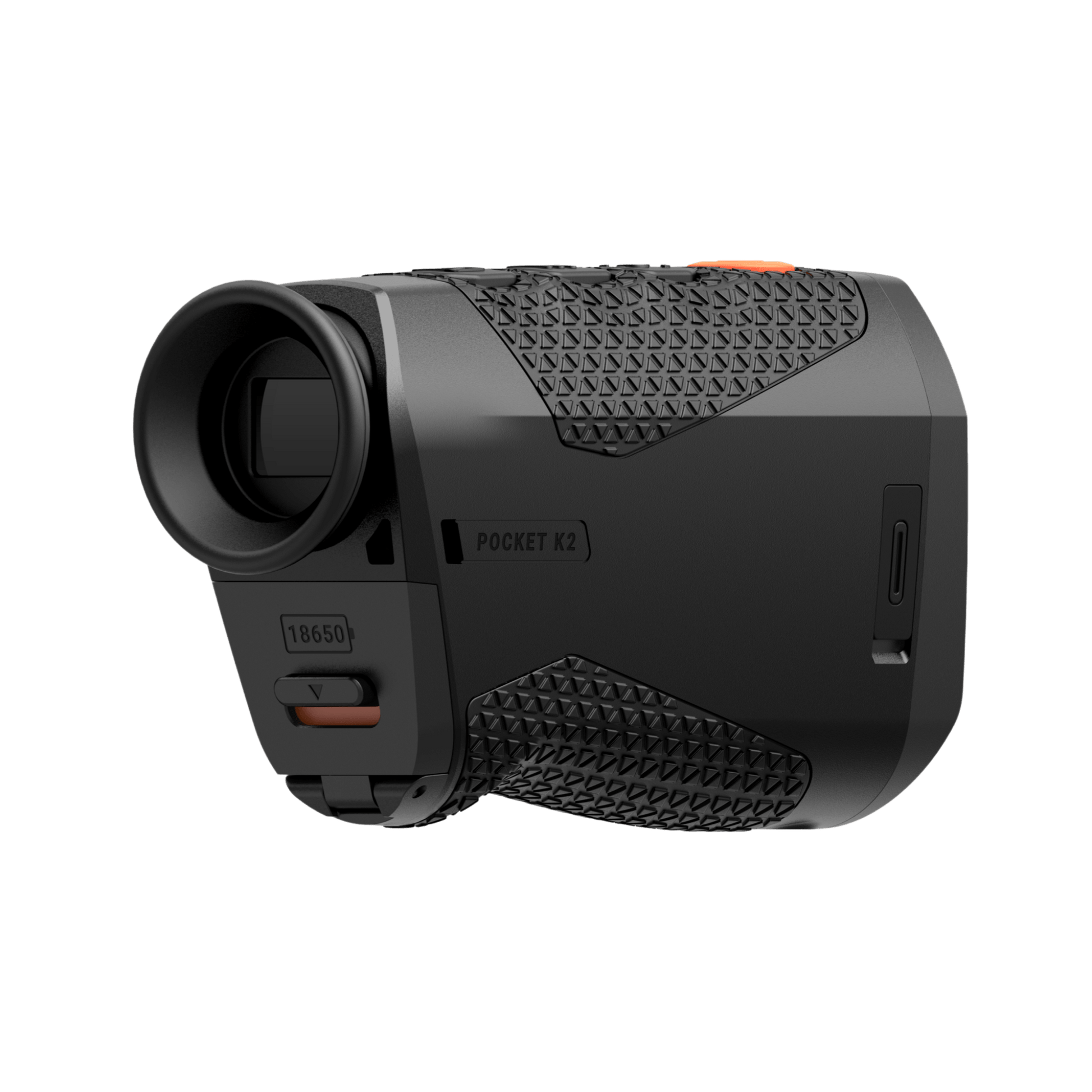 RIX Pocket K2 rear right view showing the ergonomic OLED eyepiece, diopter adjustment ring, and intuitive four-button top control layout.