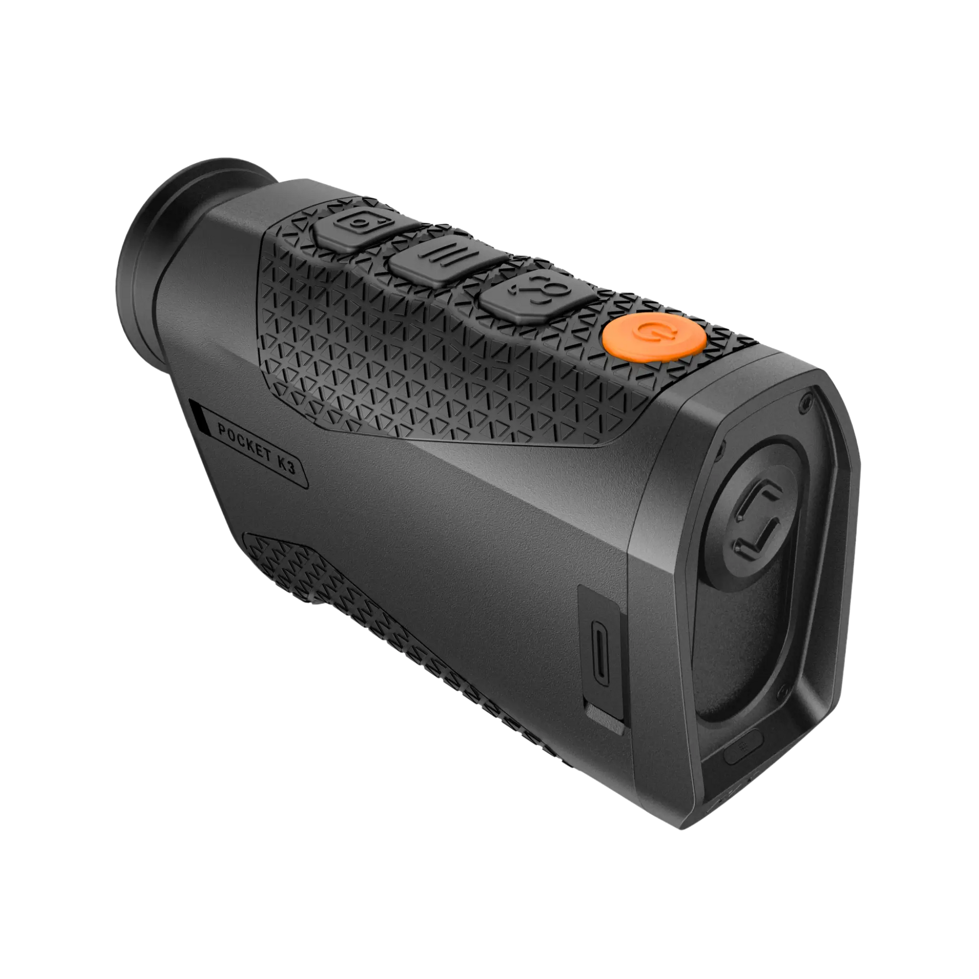 Alternative front right view of the RIX Pocket K3 emphasizing its slim, pocket-sized profile with lens cover