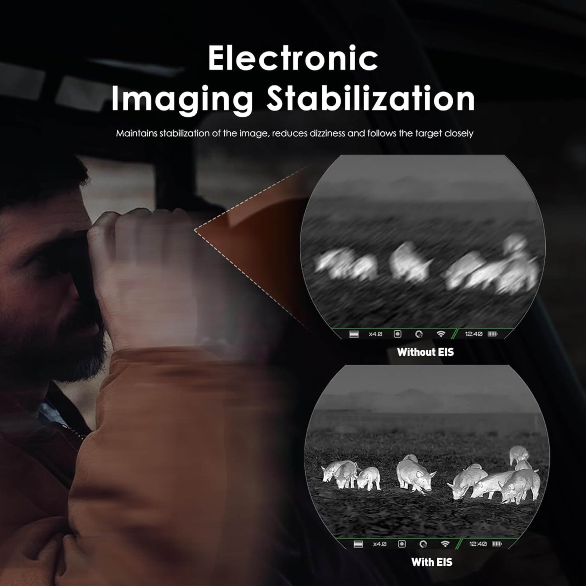 A comparison or demonstration graphic of the RIX Pocket K3 Electronic Image Stabilization (EIS) technology, showing how it removes handshake blur for a rock-steady 50Hz thermal image.