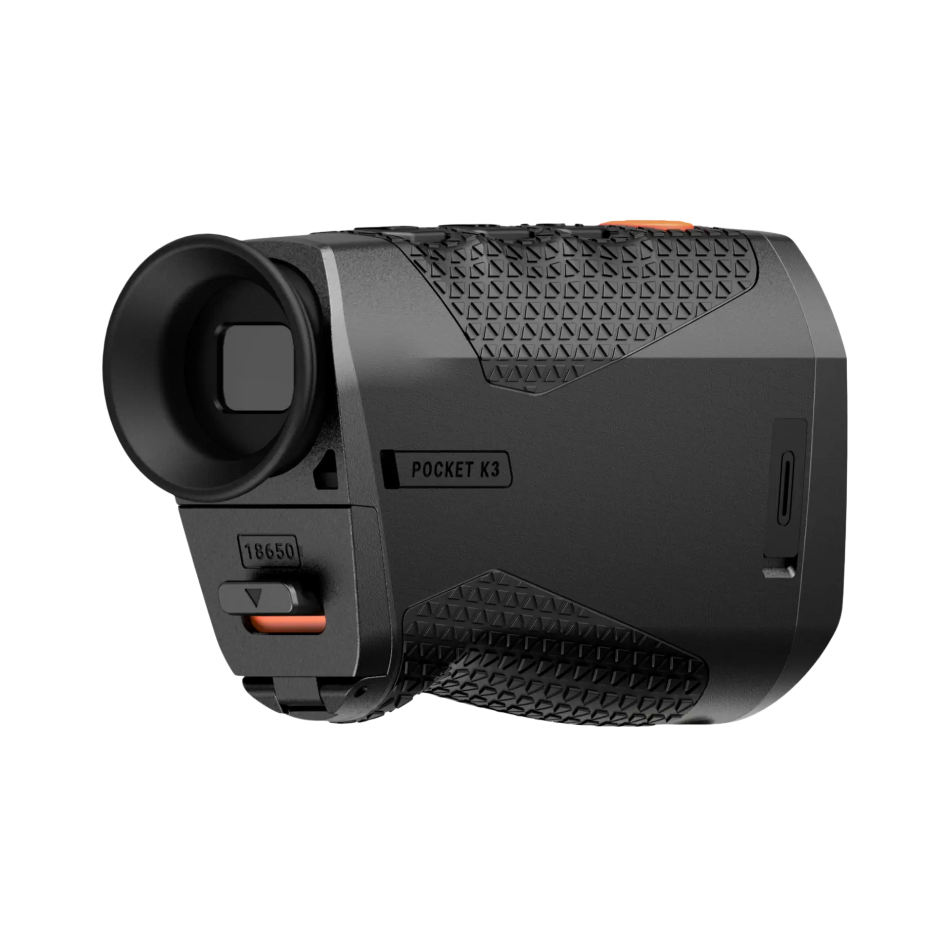 RIX Pocket K3 rear view showing the ergonomic OLED eyepiece and the tactical four-button control layout designed for one-handed operation.