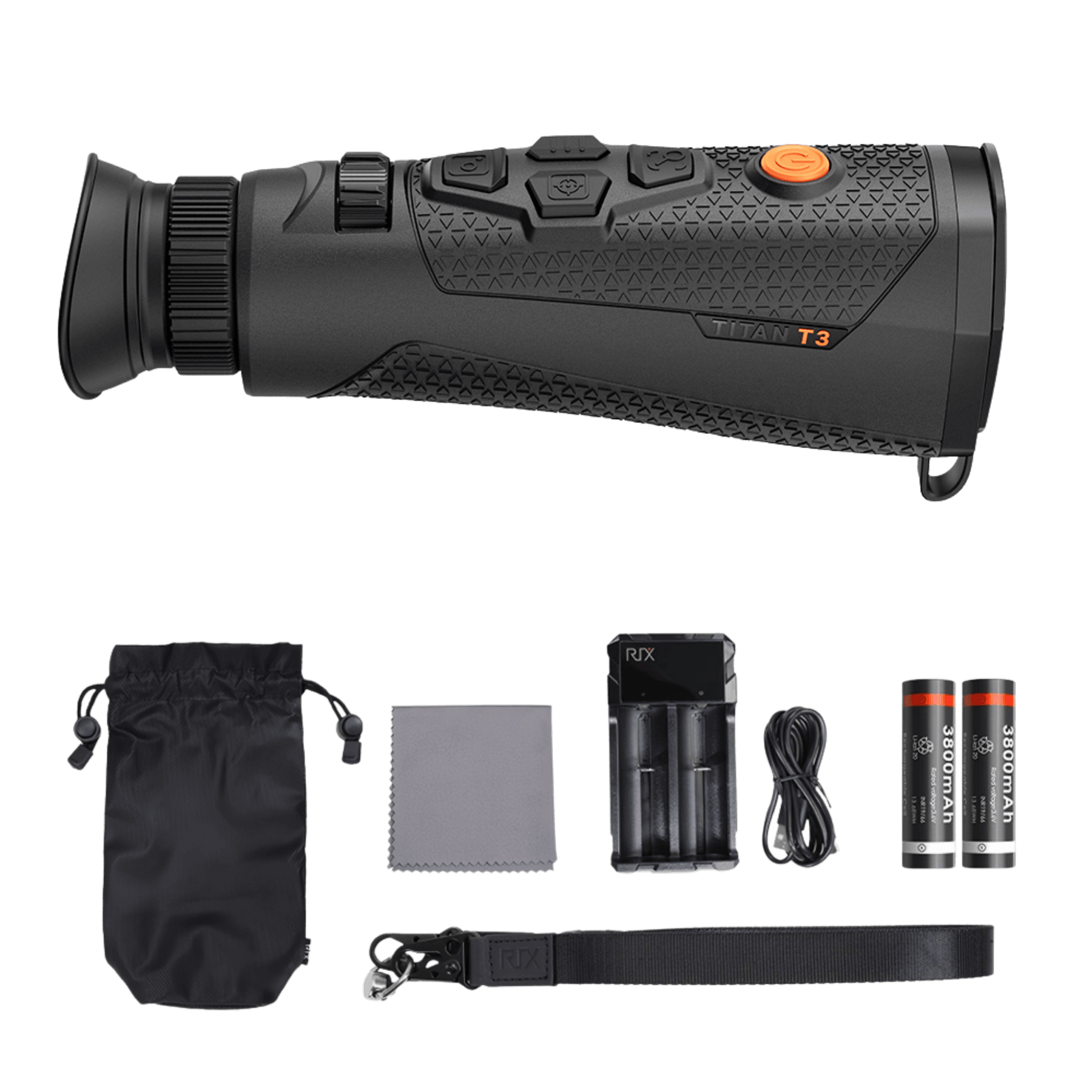 RIX Titan T3 Thermal Monocular side profile showing the textured grip, RIX branding, and the intuitive rotary focus ring.