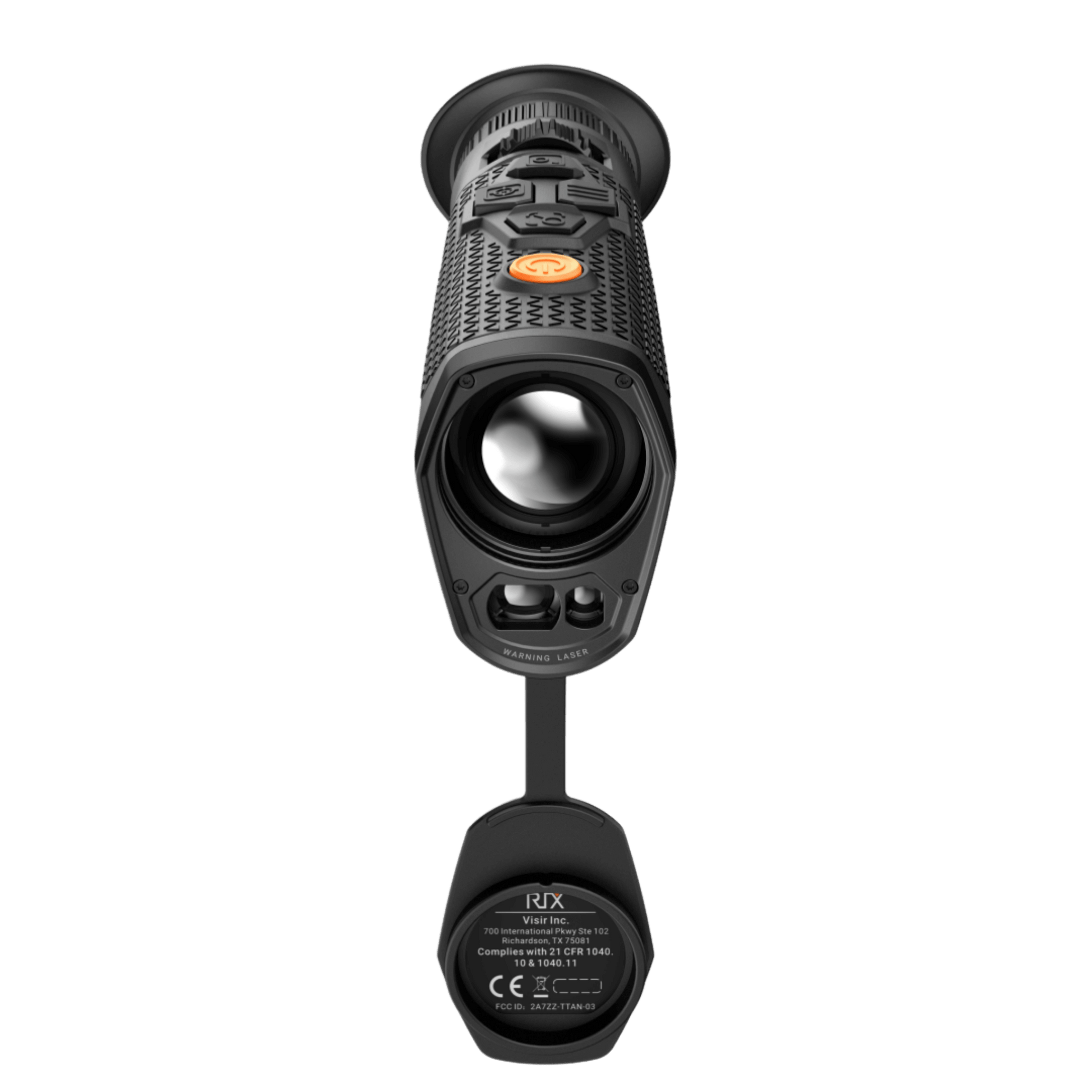 RIX Titan T6 Thermal Monocular, front view highlighting the dual-aperture setup of the thermal lens and LRF module, with a clear view of the intuitive control buttons situated atop the device for easy operation.