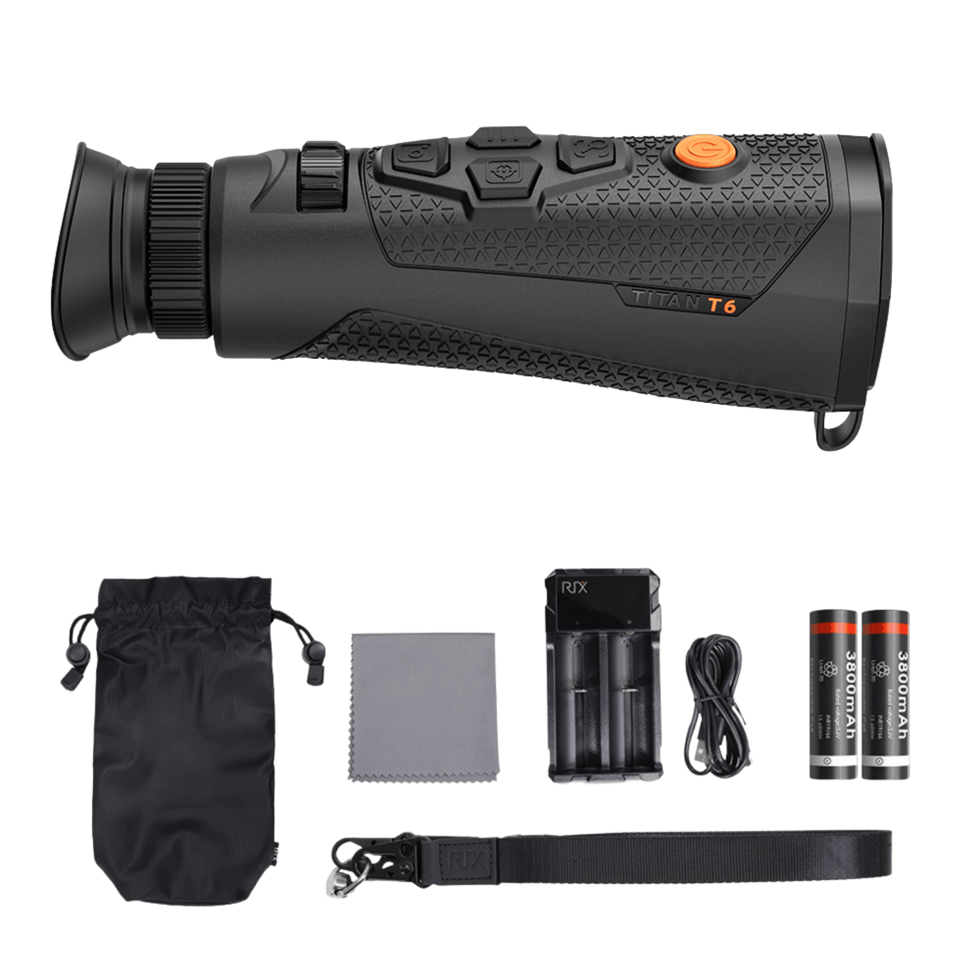 RIX Titan T6 Thermal Monocular full box contents, including the thermal imager, protective carrying pouch, charging dock, two 18650 rechargeable batteries, USB-C cable, and a durable wrist strap.