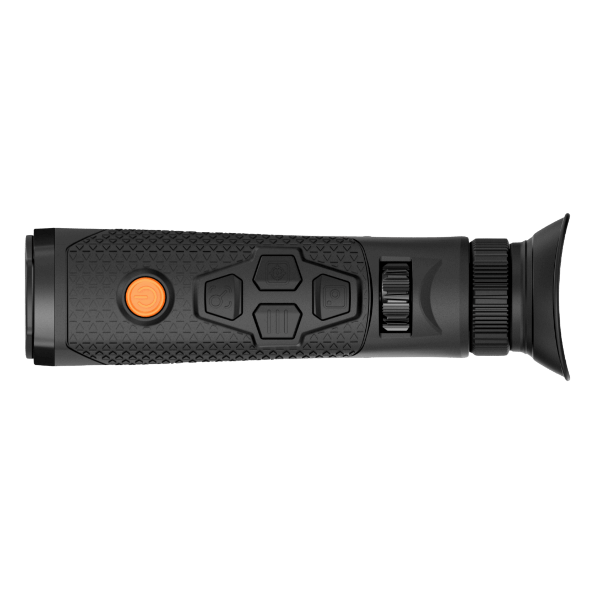 RIX Titan T6 Thermal Monocular, top-down left view showcasing the compact and ergonomic design, rotary focus ring, and the textured grip housing of this flagship 640-resolution thermal device.