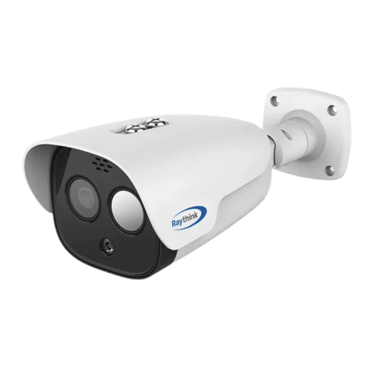 Raythink FC225T-007A008FFL-B2 bi-spectrum thermal bullet camera featuring a 7mm thermal lens, 8mm 5MP optical sensor, and integrated mounting bracket