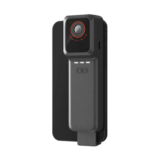 Raythink IX2 AIR SE wireless thermal camera for smartphone integration, compact 256x192 industrial thermal imager with built-in battery and adjustable phone clip.