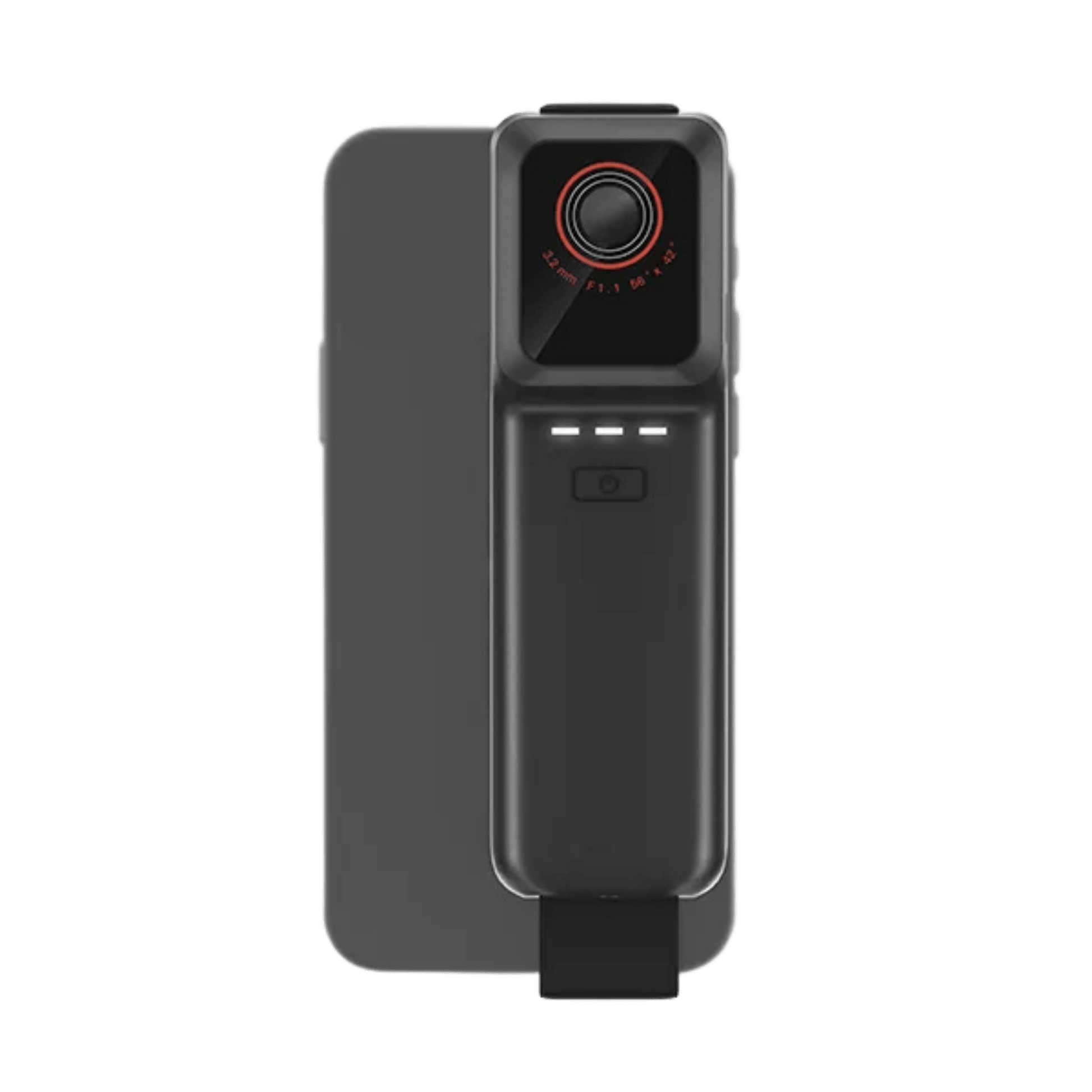 Front view of the Raythink IX2 AIR SE wireless thermal camera attached to a mobile phone, demonstrating the integrated smartphone clip and compact industrial thermography setup for real-time temperature analysis.
