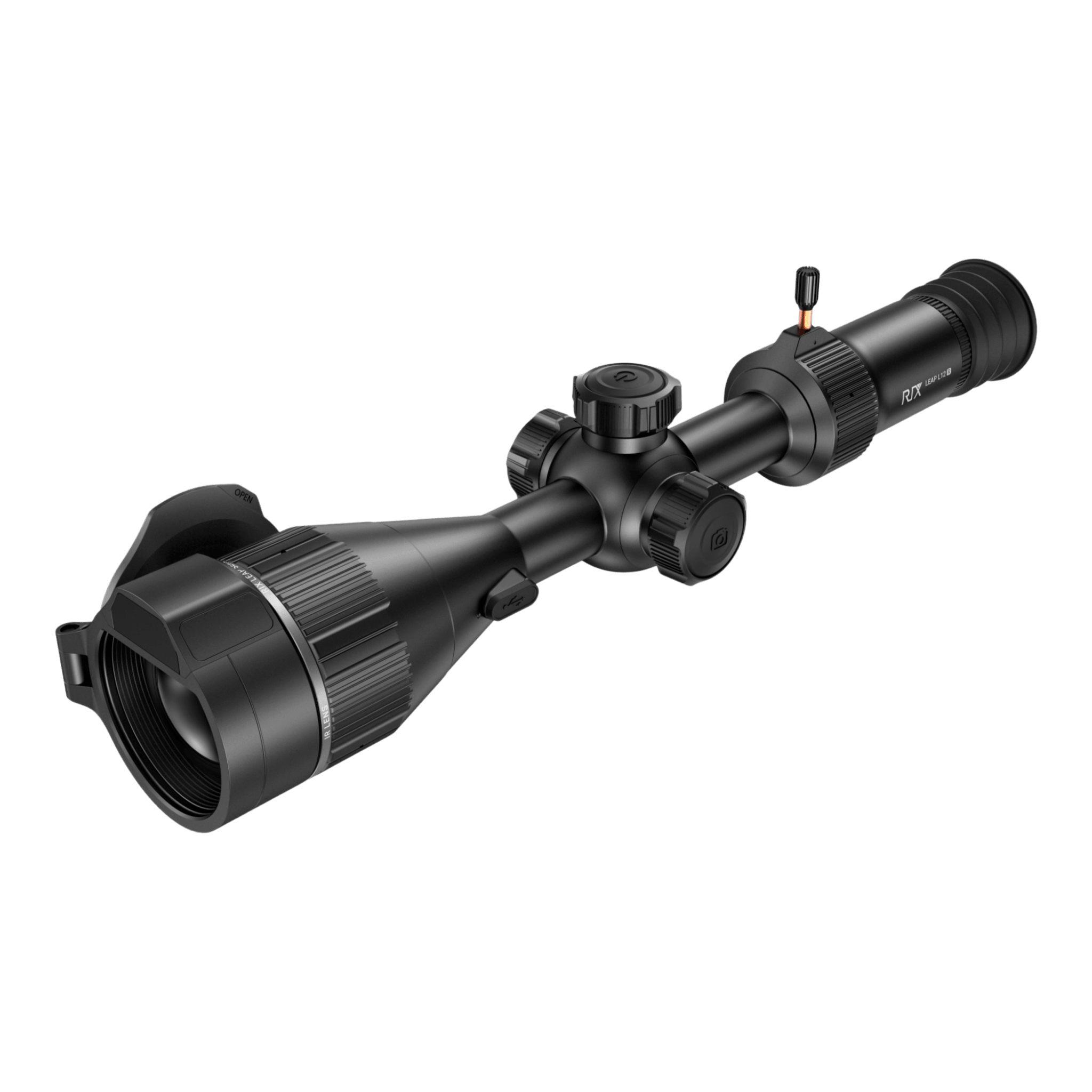 RIX Leap L12R thermal rifle scope featuring a traditional 30mm tube design, integrated laser rangefinder, and high-resolution 1280x1024 sensor for long-range detection