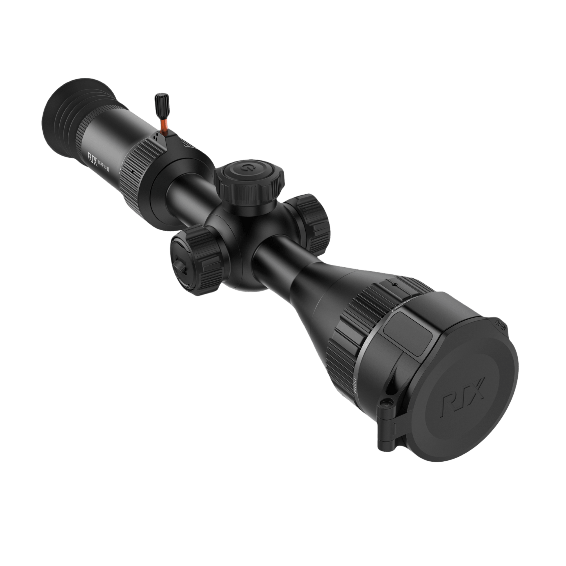 Front left view of the RIX Leap L3R thermal observation scope showing the protective lens cap closed over the 35mm lens