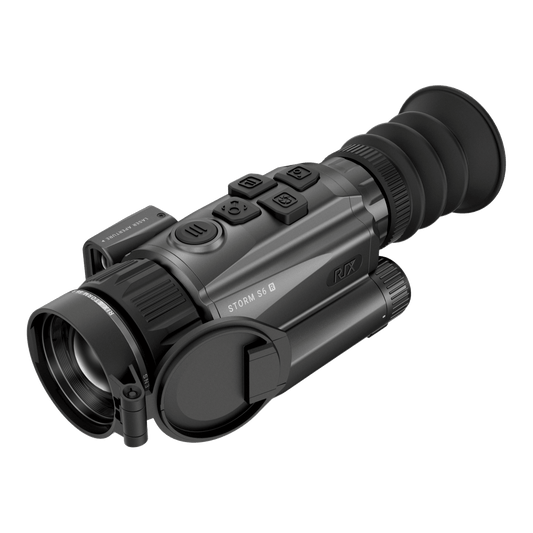 RIX Storm S6R front right view highlighting the 35mm F1.0 germanium lens and the offset laser rangefinder sensor