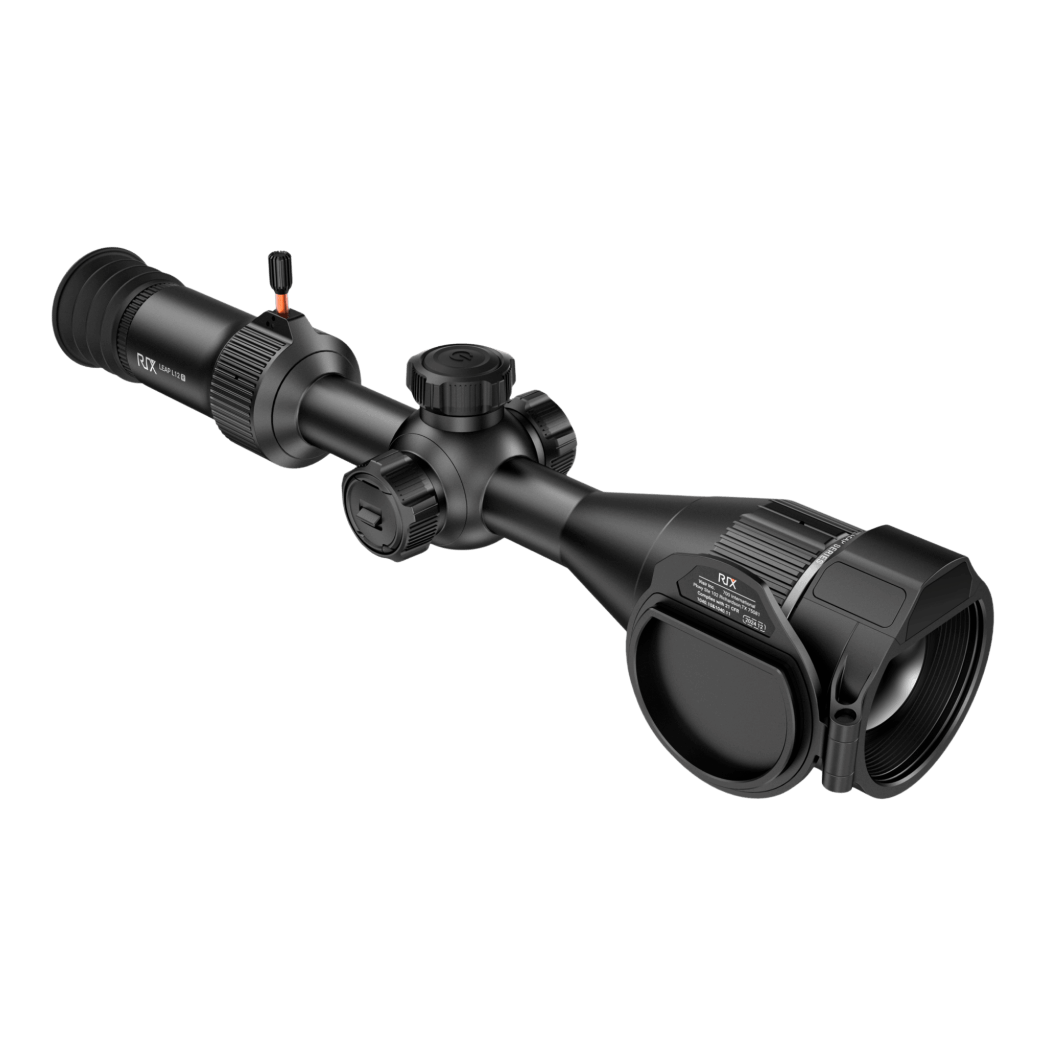Front-left view of the RIX Leap L12R thermal scope showing the 60mm objective lens, integrated 1200m laser rangefinder.