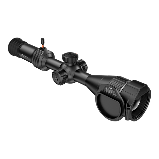 Front-left view of the RIX Leap L12R thermal scope showing the 60mm objective lens, integrated 1200m laser rangefinder.