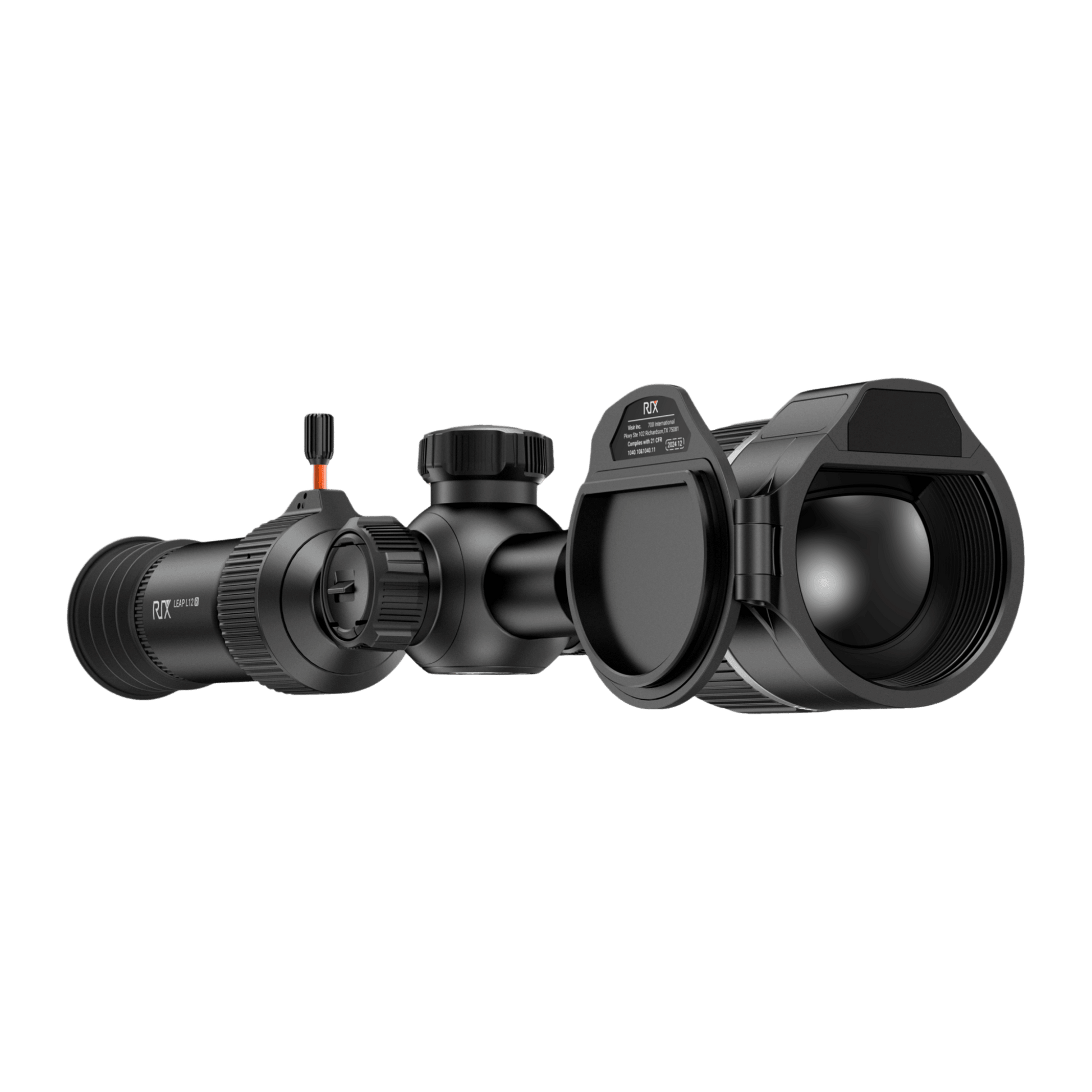 Three-quarter front view of the RIX Leap L12R thermal rifle scope, highlighting the large objective lens and streamlined LRF module on a matte black tactical housing.