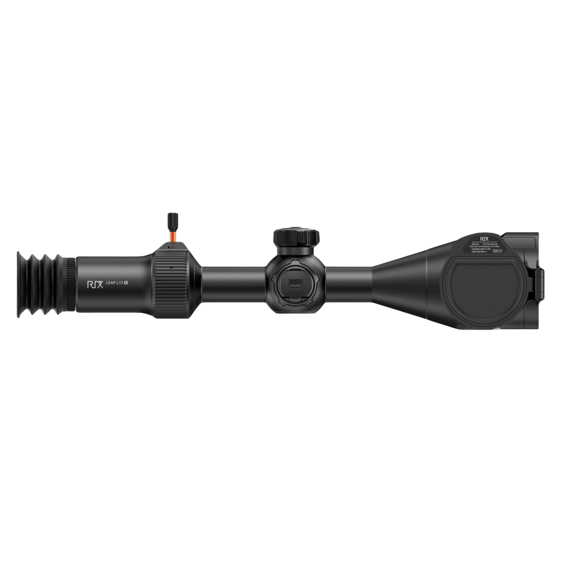 Integrated 1200m laser rangefinder module on the RIX Leap L12R thermal scope objective lens housing for precise distance measurement in total darkness.