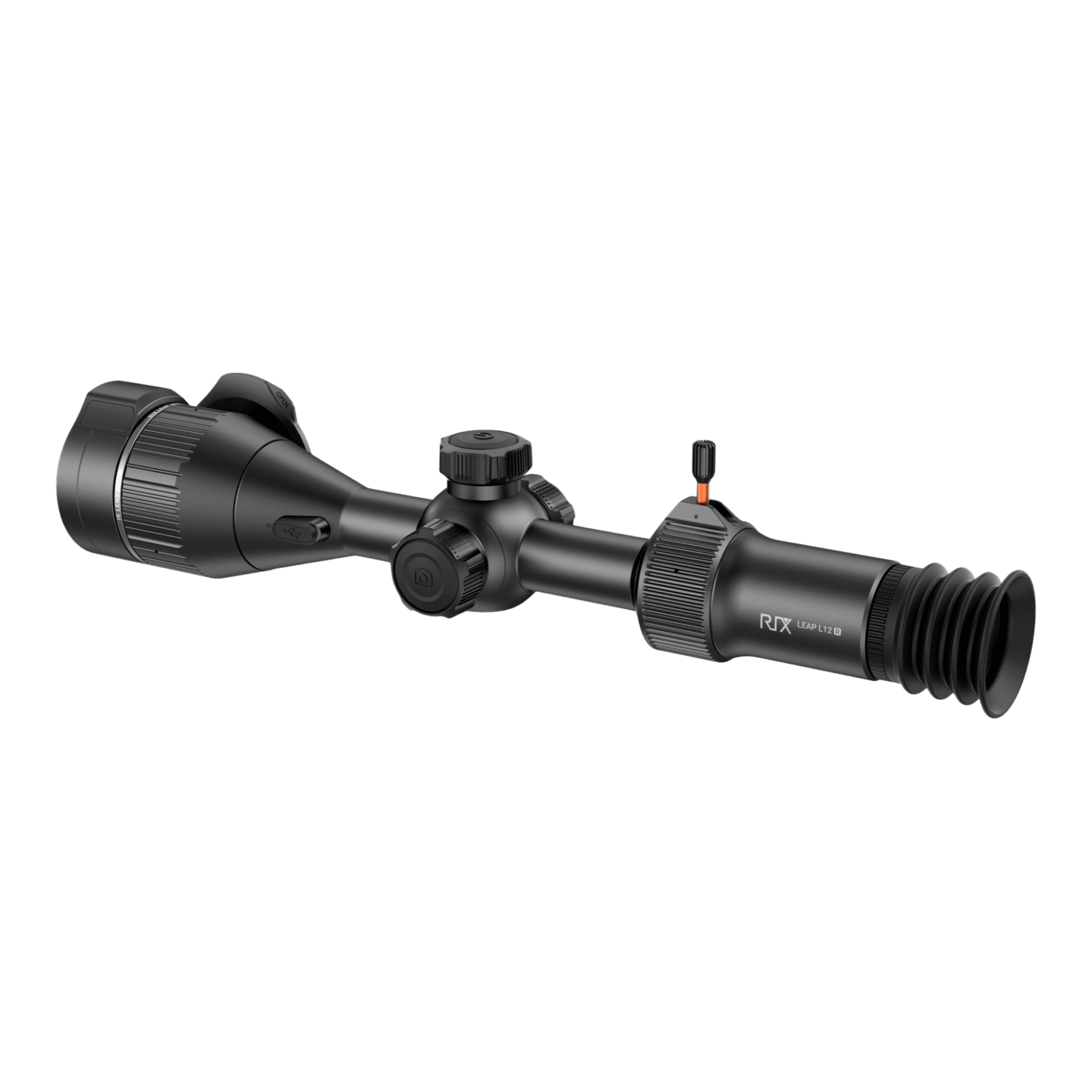 Rear-left view of the RIX Leap L12R thermal scope showing the eyepiece with adjustable diopter, the signature orange Top Knob for magnification control, and the streamlined 30mm tube body