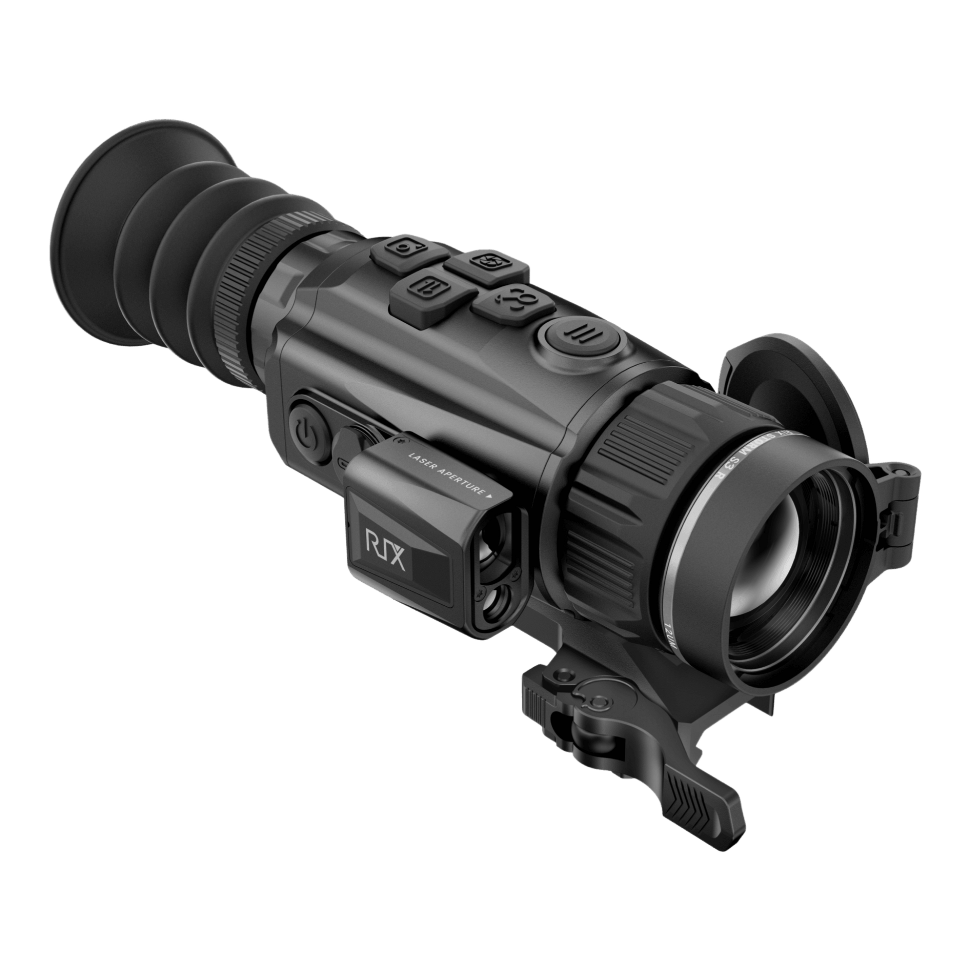 Front left profile of RIX Storm S3R thermal scope showing the compact laser rangefinder (LRF) and Quick-Detach (QD) Picatinny rail mount