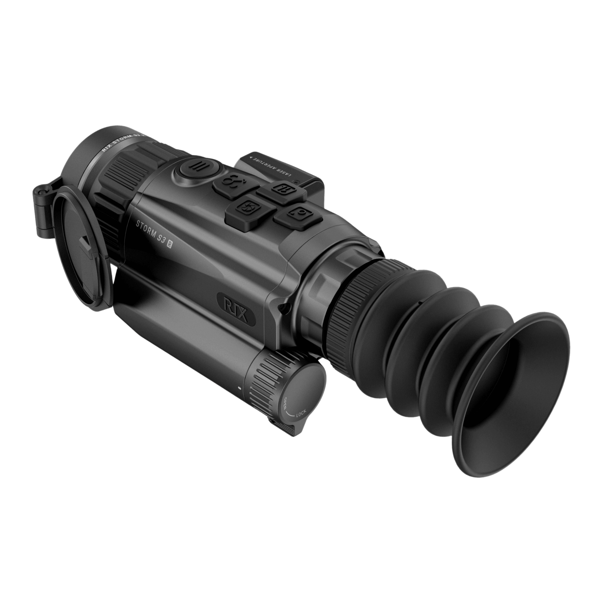 Rear left view of RIX Storm S3R thermal scope showing the RIX logo and model name on the aluminum chassis