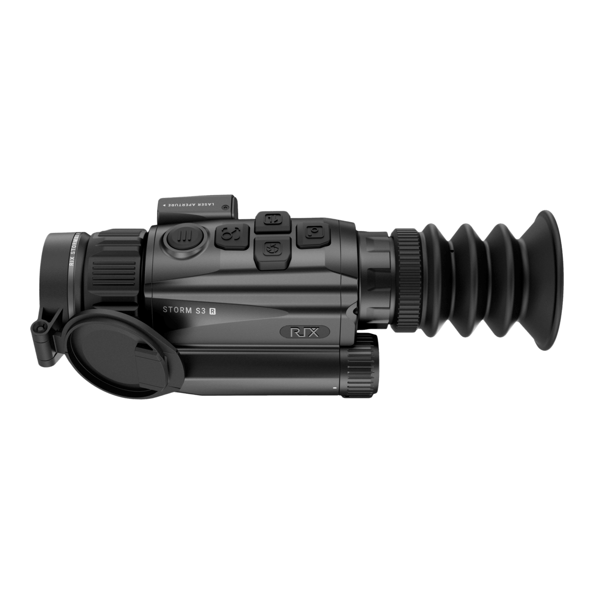 Left profile of RIX Storm S3R thermal scope featuring the RIX logo, 35mm manual focus lens ring, and compact aluminum housing.