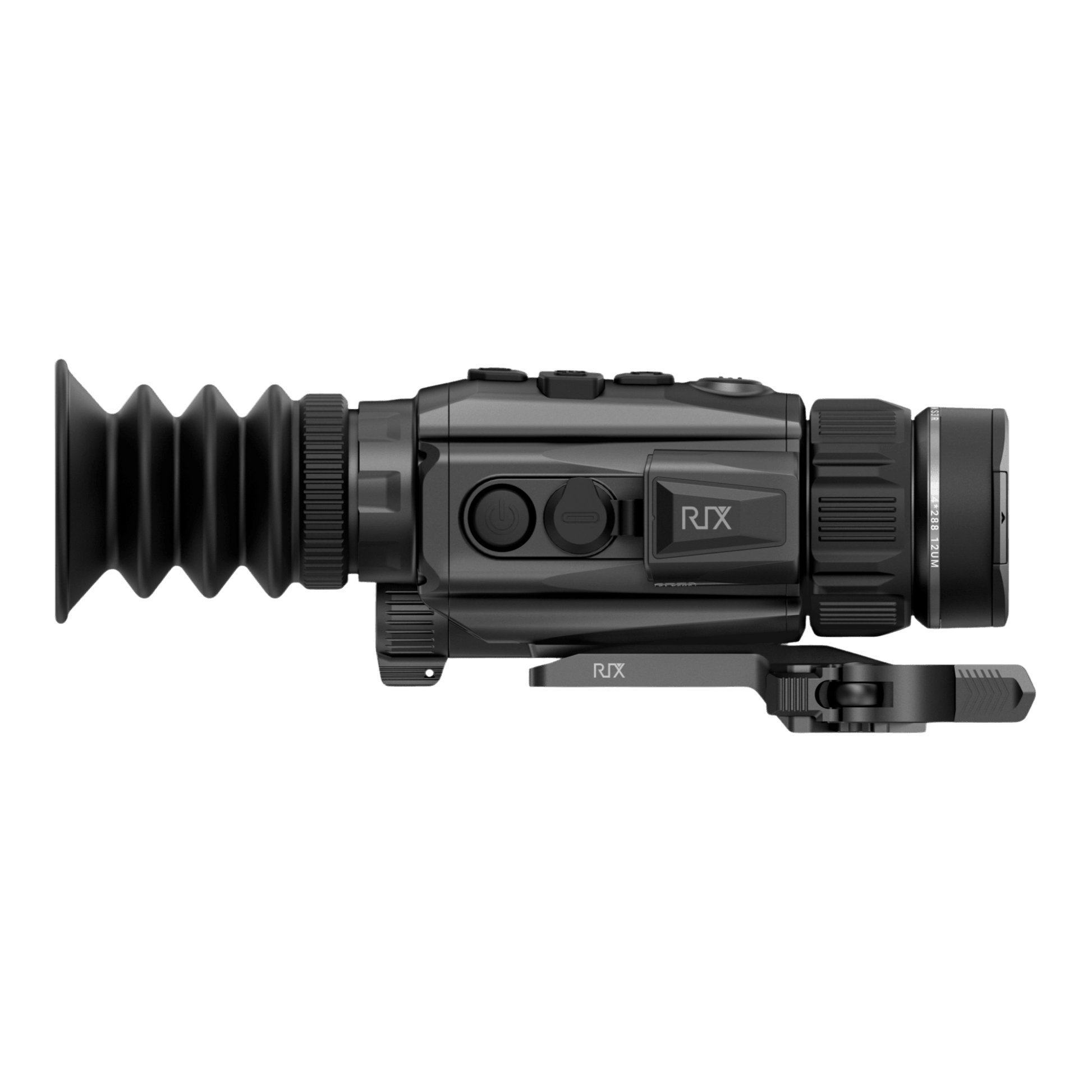 Right side view of RIX Storm S3R thermal scope highlighting the integrated 1200m laser rangefinder module and 18650 battery compartment
