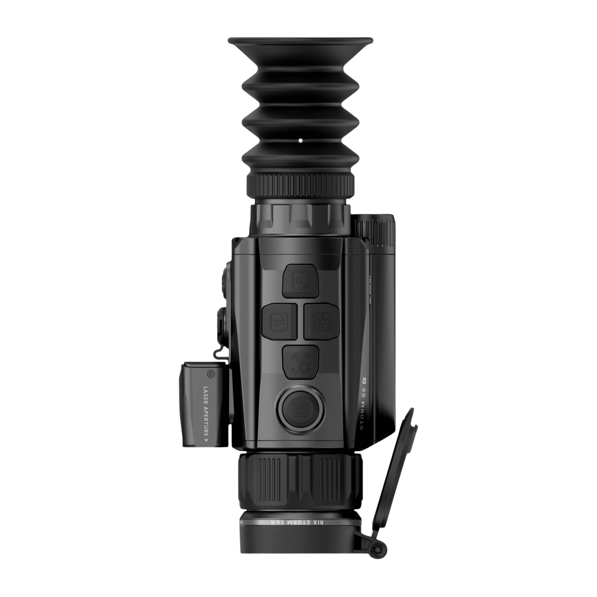 Top down view of the RIX Storm S6R thermal unit showing the four-button control interface and 35mm manual focus objective lens ring