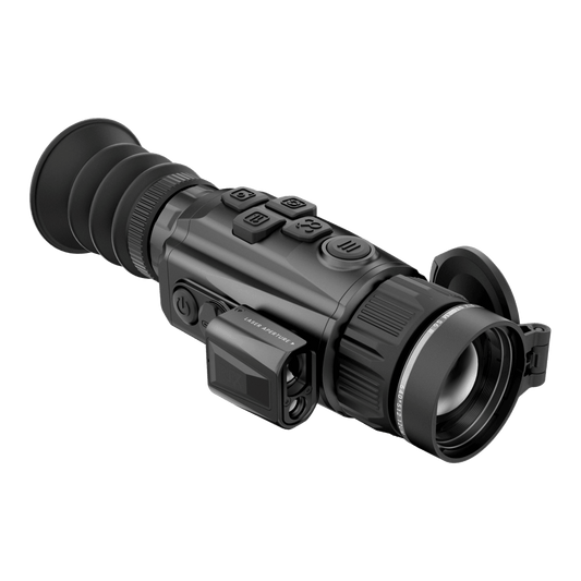 Front left perspective of the RIX Storm S6R flagship thermal device showing the 35mm F1.0 manual focus lens, the 640x512 resolution sensor branding, and the offset laser rangefinder module