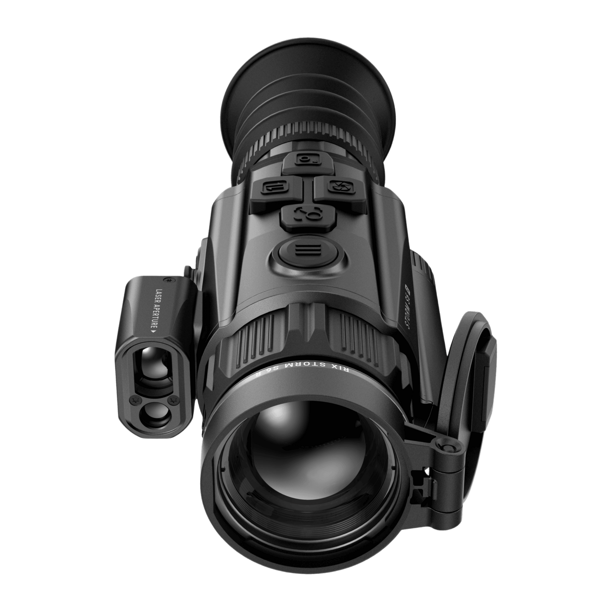 Front-left perspective of the RIX Storm S6R flagship thermal device, featuring a 35mm F1.0 manual focus lens, high-definition 640x512 branding, and the offset integrated laser rangefinder module