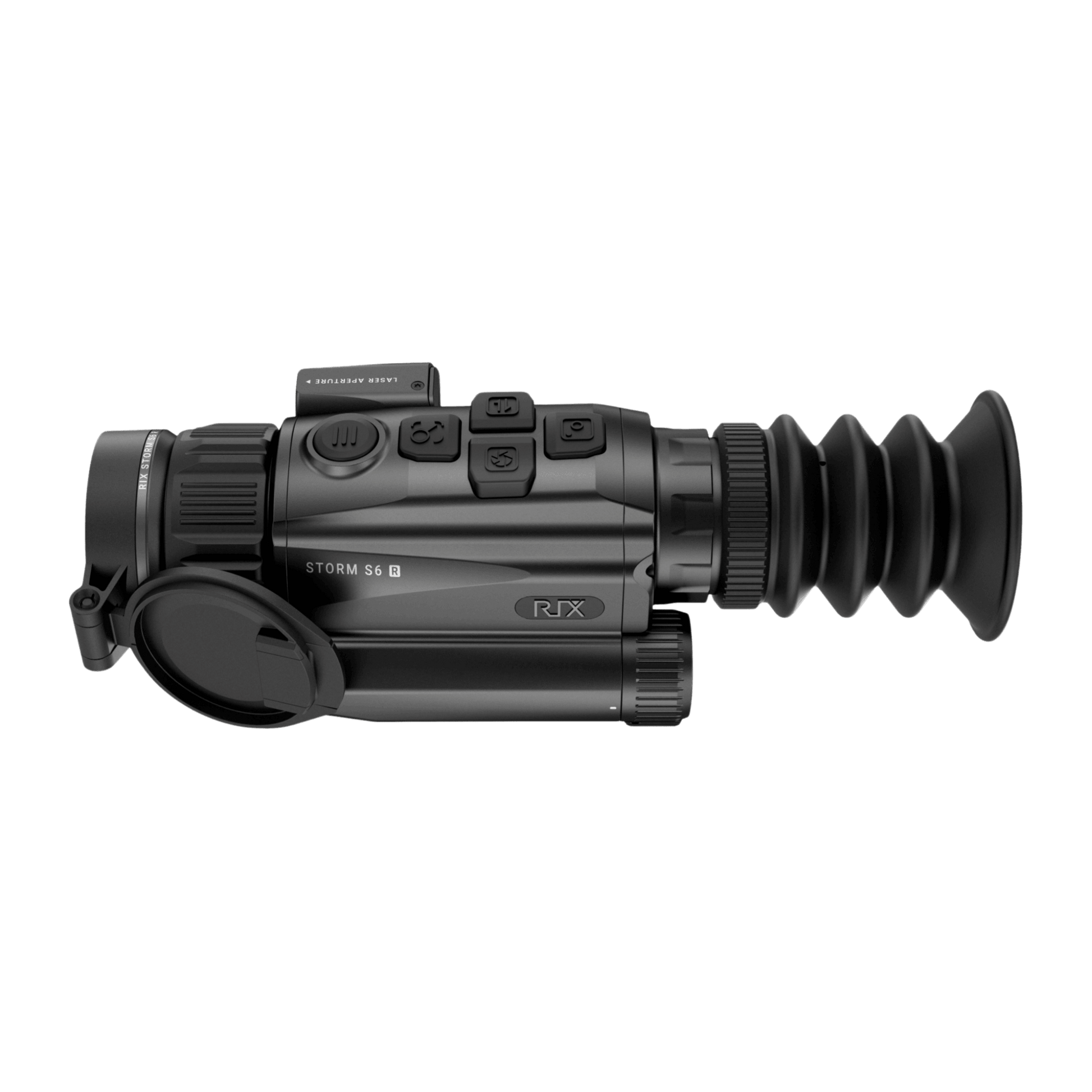Left side view of the RIX Storm S6R flagship thermal optic highlighting the 640x512 resolution branding and ergonomic compact housing