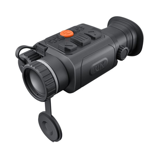 Front right angle of RIX STRIDE ST6 Lite thermal security monocular showing the 25mm lens and orange top buttons