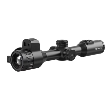 Hikmicro STELLAR SQ35L 3.0 thermal imaging riflescope, shown from the left side. It is black with a large objective lens on the right and multiple dials and buttons for adjustments on the top