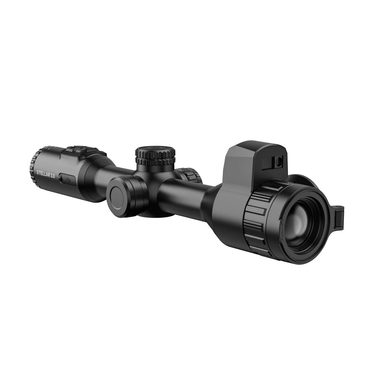 Hikmicro STELLAR SH35L 3.0 thermal imaging riflescope, shown from the left side. It is black with a large objective lens on the left and multiple dials and buttons for adjustments on the top and right. There is also a small protrusion on the top left side for battery.