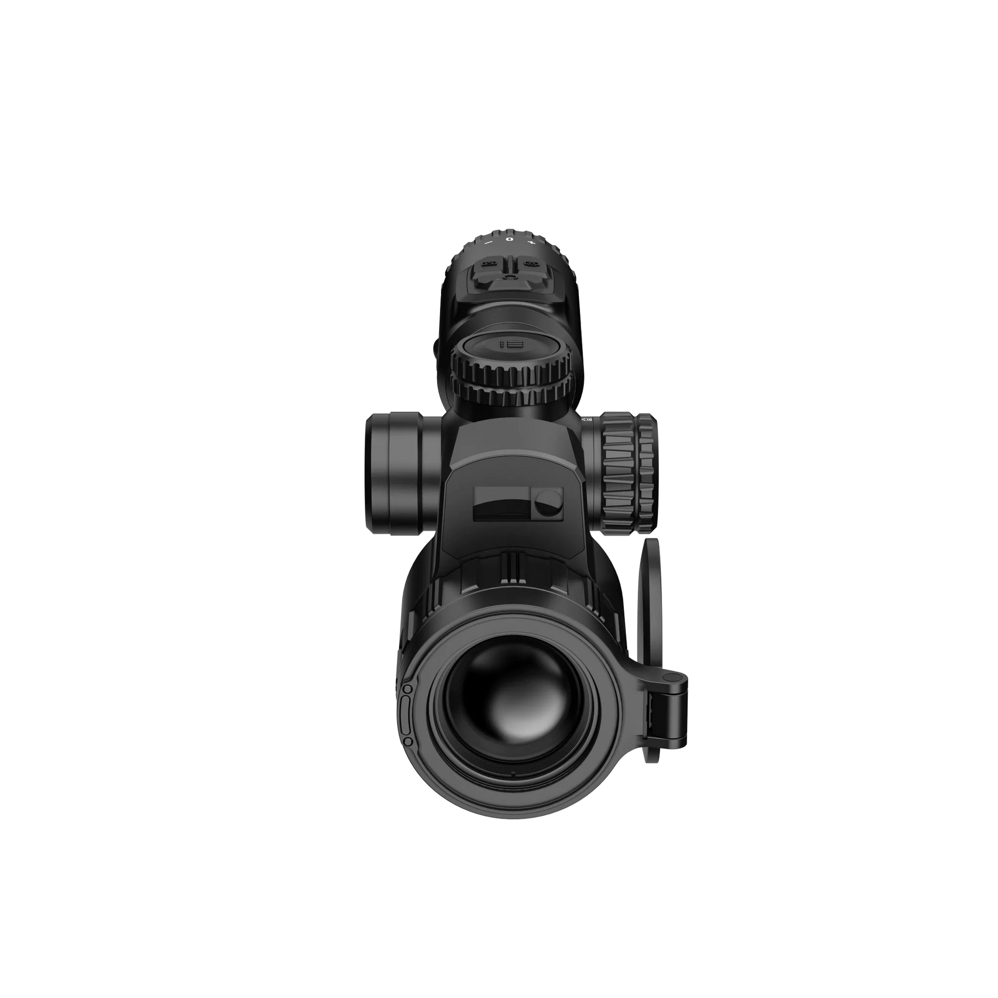 Hikmicro STELLAR SQ35L 3.0 thermal imaging riflescope, shown from the front side with large 35mm objective lens. It is black with multiple dials and buttons for adjustments on the top.