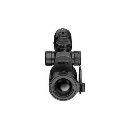 Hikmicro STELLAR SQ35L 3.0 thermal imaging riflescope, shown from the front side with large 35mm objective lens. It is black with multiple dials and buttons for adjustments on the top.