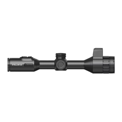 Hikmicro STELLAR SQ35L 3.0 thermal imaging riflescope, shown from the right side. It is black with a large objective lens on the right and multiple dials and buttons for adjustments on the top