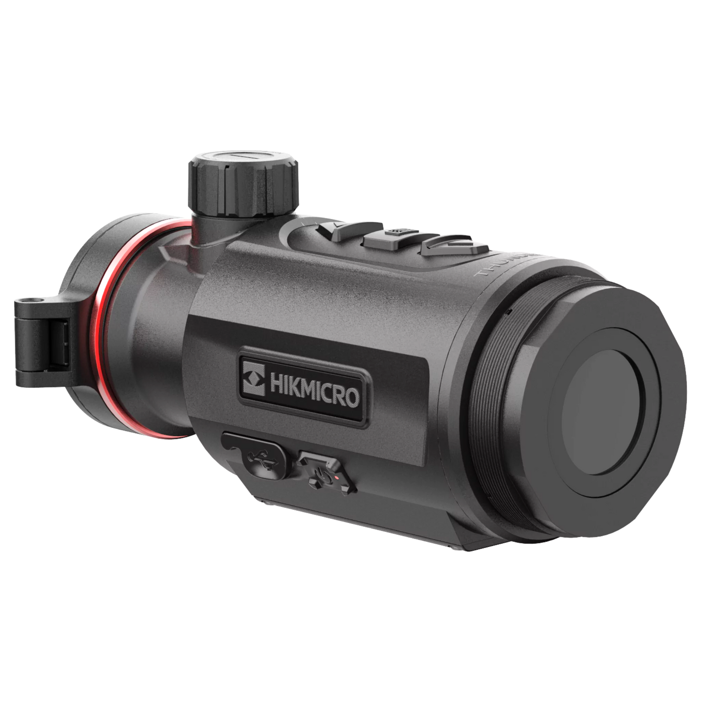 Left back view of the HIKMICRO TQ35C 3.0 thermal imaging clip-on, highlighting the threading used to attach it to a riflescope via an adapter clamp.