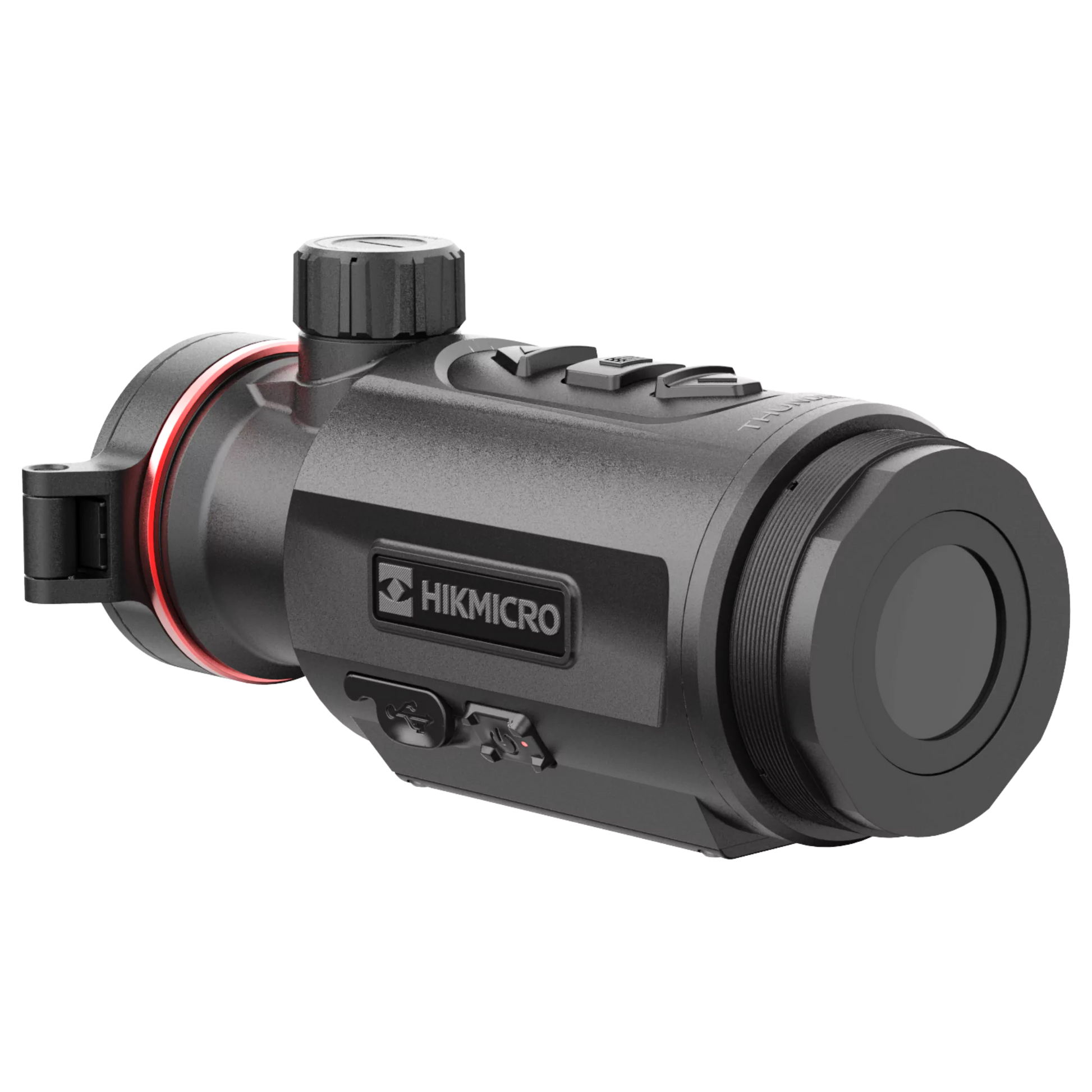 Left back view of the HIKMICRO TQ35C 3.0 thermal imaging clip-on, highlighting the threading used to attach it to a riflescope via an adapter clamp.