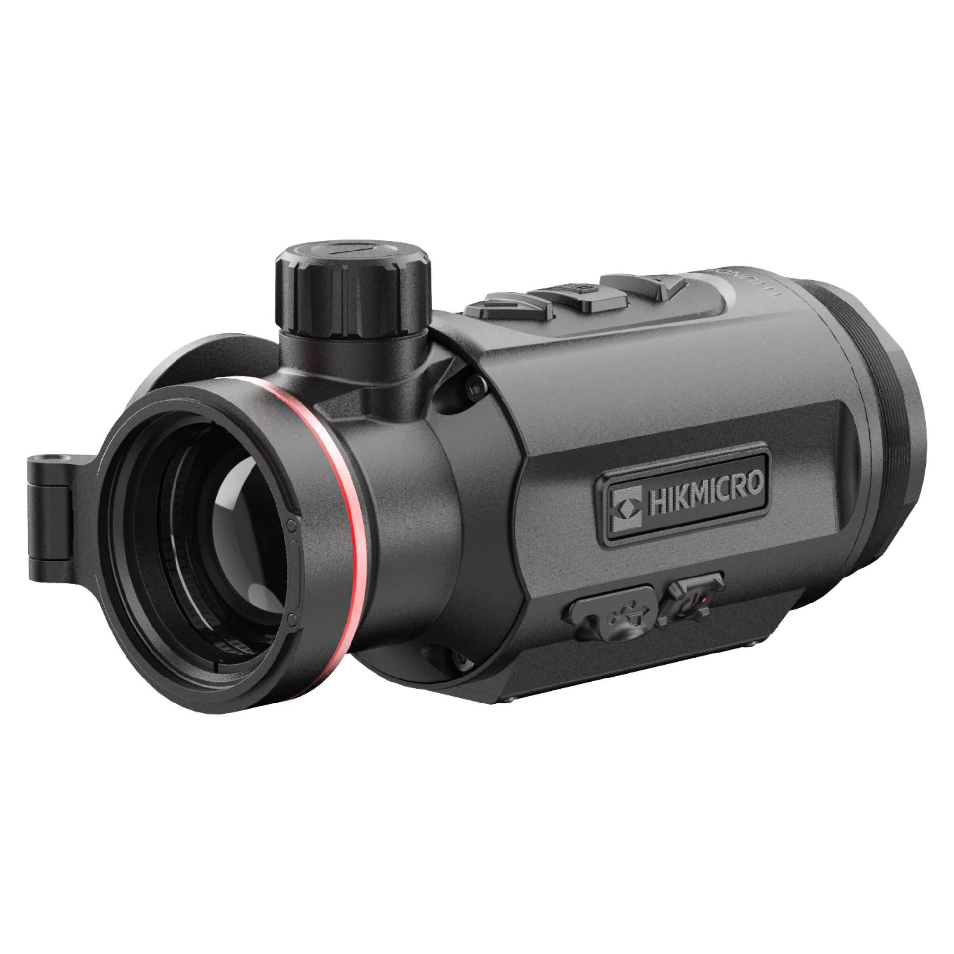 A black HIKMICRO Thunder TQ35C 3.0 thermal imaging clip-on attachment with a red ring around the lens. The attachment is shown at an angle, highlighting its compact design and various buttons and dials.