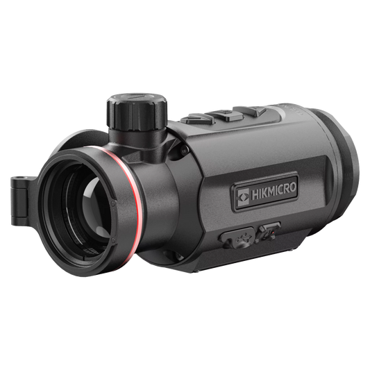 A black HIKMICRO Thunder TQ35C 3.0 thermal imaging clip-on attachment with a red ring around the lens. The attachment is shown at an angle, highlighting its compact design and various buttons and dials.