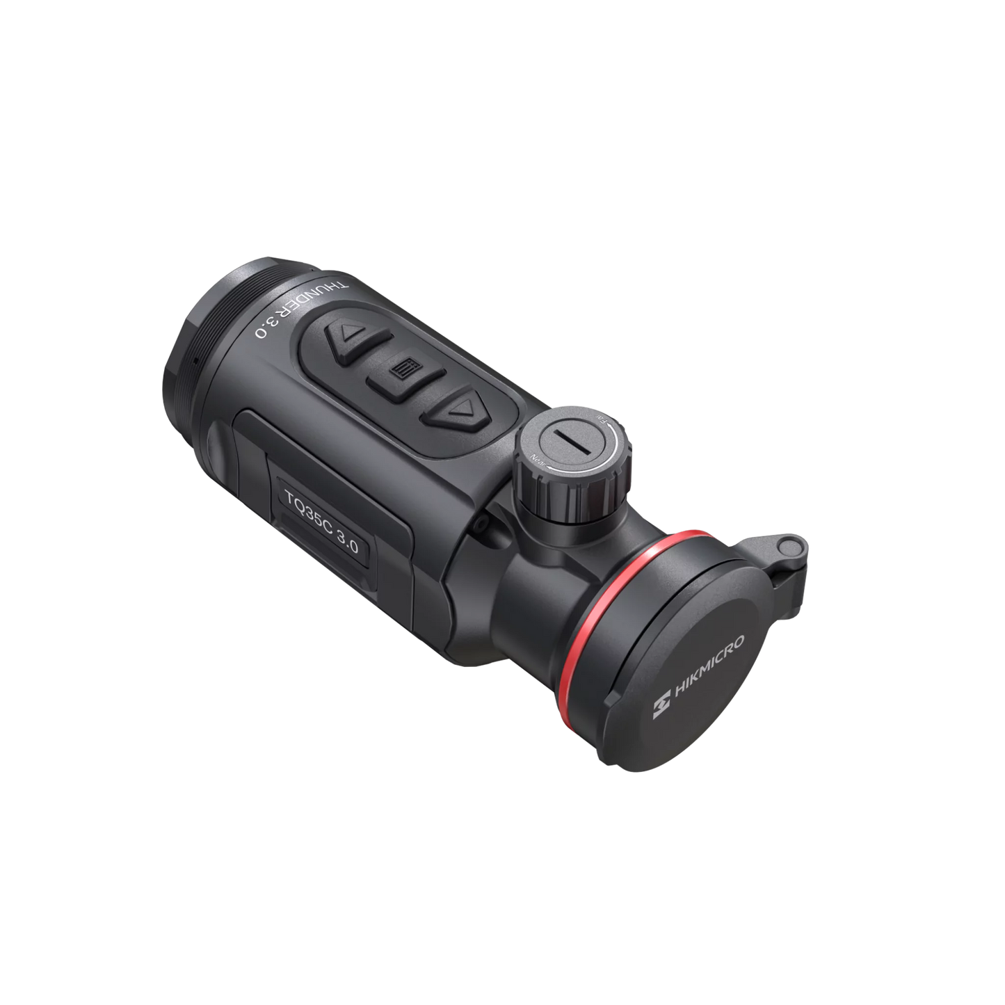 The HIKMICRO TQ35C 3.0 thermal imaging clip-on attachment with the lens cap closed, shown from the front.