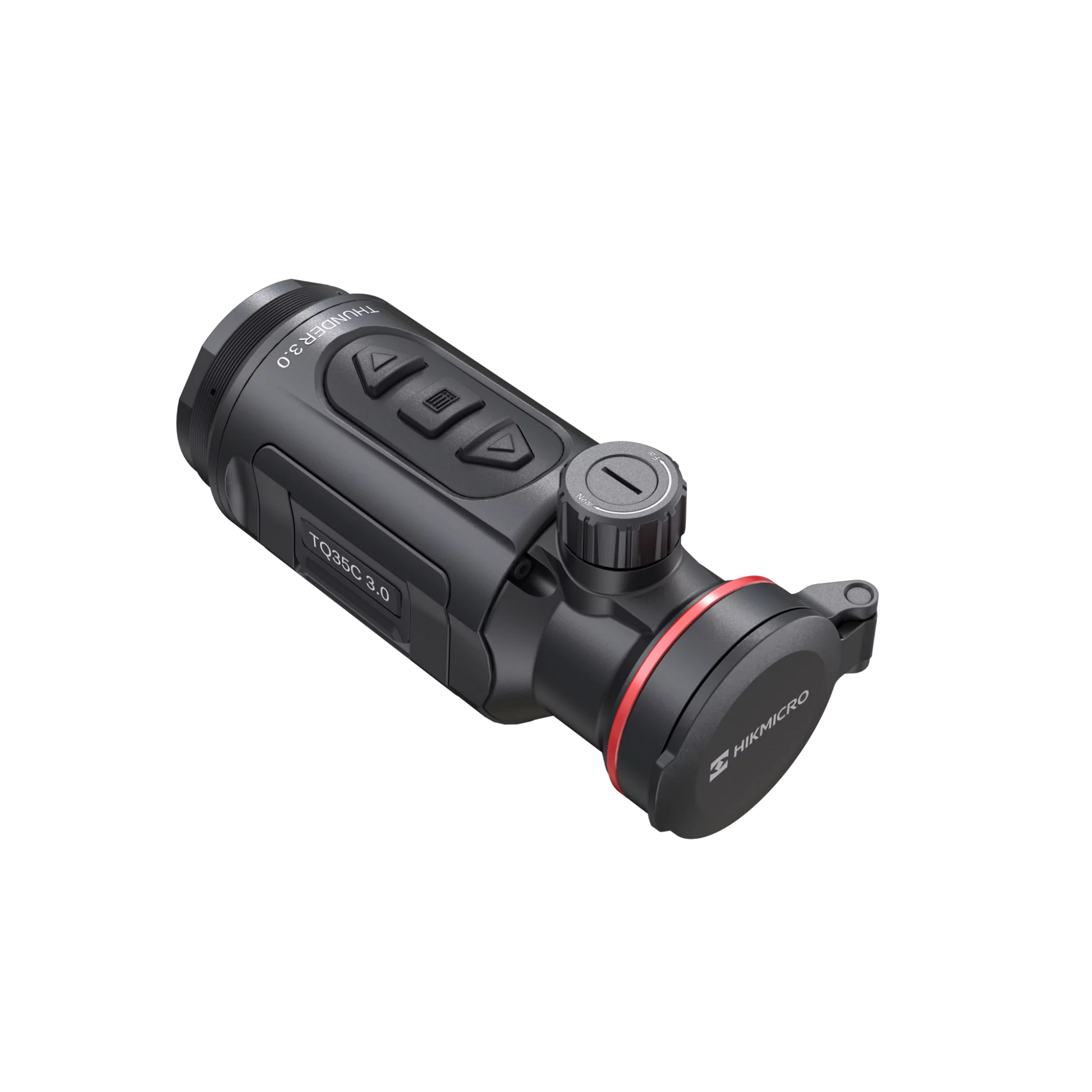 The HIKMICRO TQ35C 3.0 thermal imaging clip-on attachment with the lens cap closed, shown from the front.