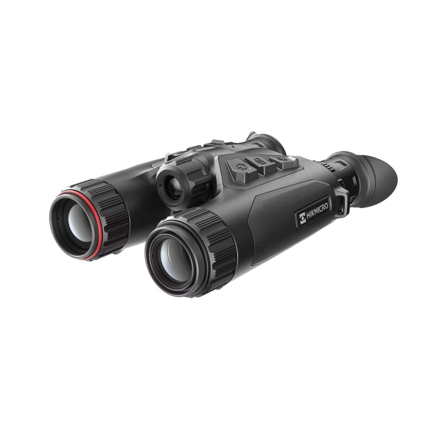 Habrok HE25LN - Front view and slightly turned left of the Hikmicro Habrok 4K HE25LN thermal imaging binoculars, showcasing the dual lenses, ergonomic design, and control buttons.