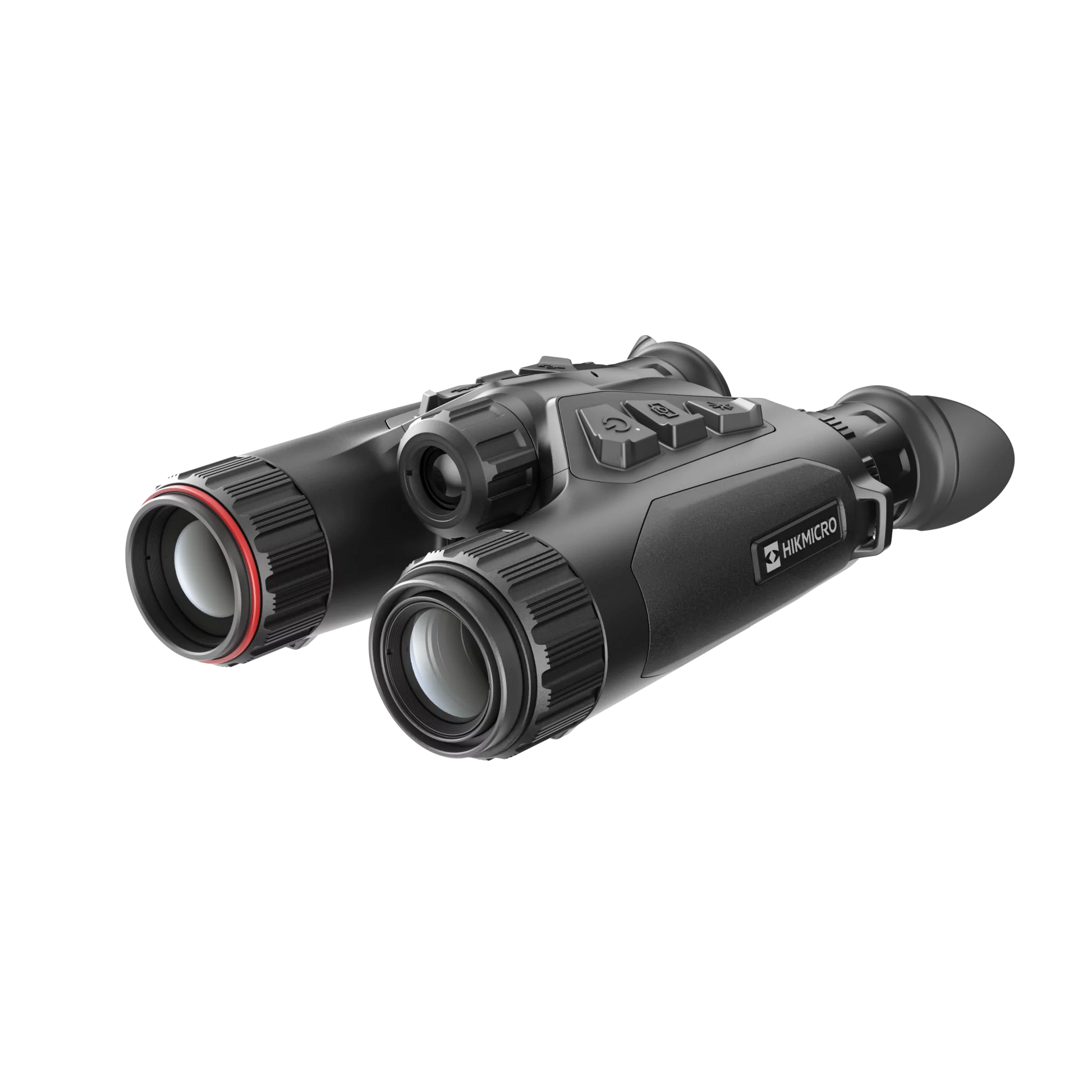 Habrok HE25LN - Front view and slightly turned left of the Hikmicro Habrok 4K HE25LN thermal imaging binoculars, showcasing the dual lenses, ergonomic design, and control buttons.