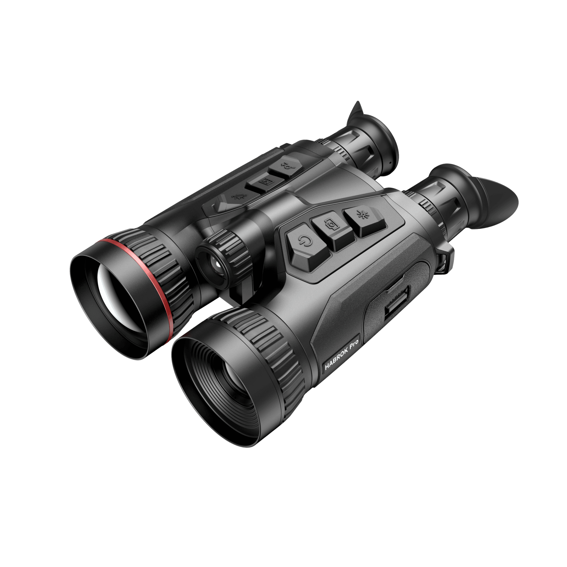HIKMICRO Habrok HX60LS: Facing top down-right, showcasing tactile control buttons and the integrated laser rangefinder